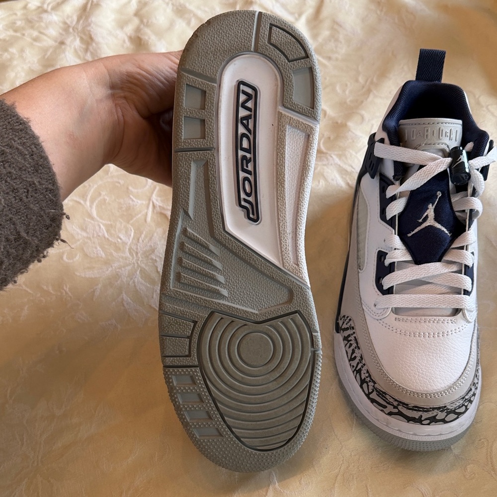 Jordan Kids White and Navy Basketball Sneakers with Grey Elephant Print - Picture 6 of 9
